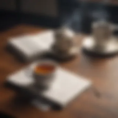Close-up of a journal with handwritten notes and a steaming cup of tea beside it