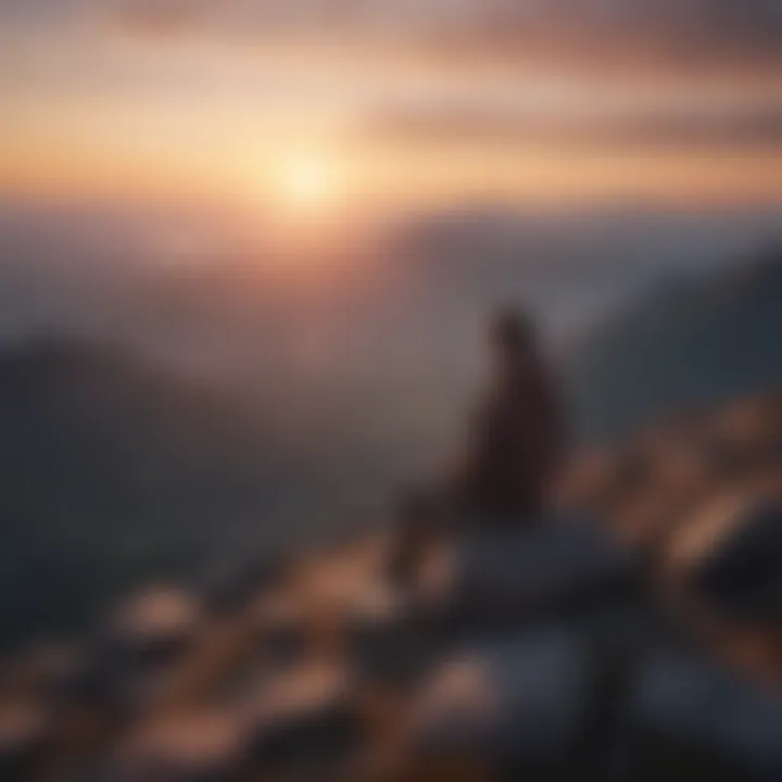 Meditative scene with a person sitting cross-legged on a mountain top during sunrise