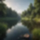 A serene landscape showcasing a tranquil lake surrounded by lush greenery