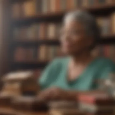 Soft focus on a bookshelf filled with Maya Angelou books