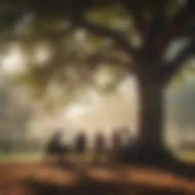 Illustration of a diverse group of individuals engaged in meaningful conversation under a tree