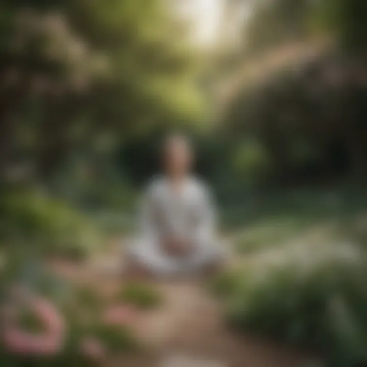 Person meditating in a tranquil garden surrounded by blooming flowers