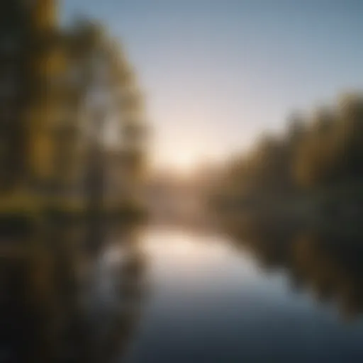 A serene landscape with a calm lake reflecting the sky