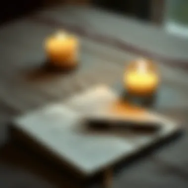 A journal and pen beside a lit candle, symbolizing reflection.