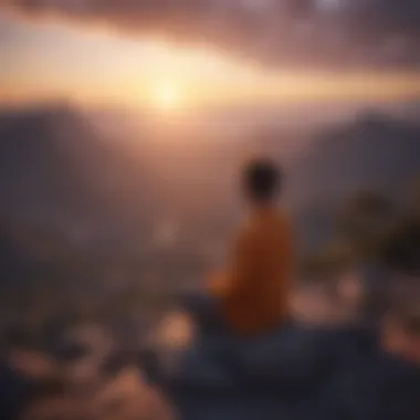 Person meditating on a mountaintop during sunrise