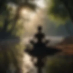 Silhouette of person meditating in serene nature setting