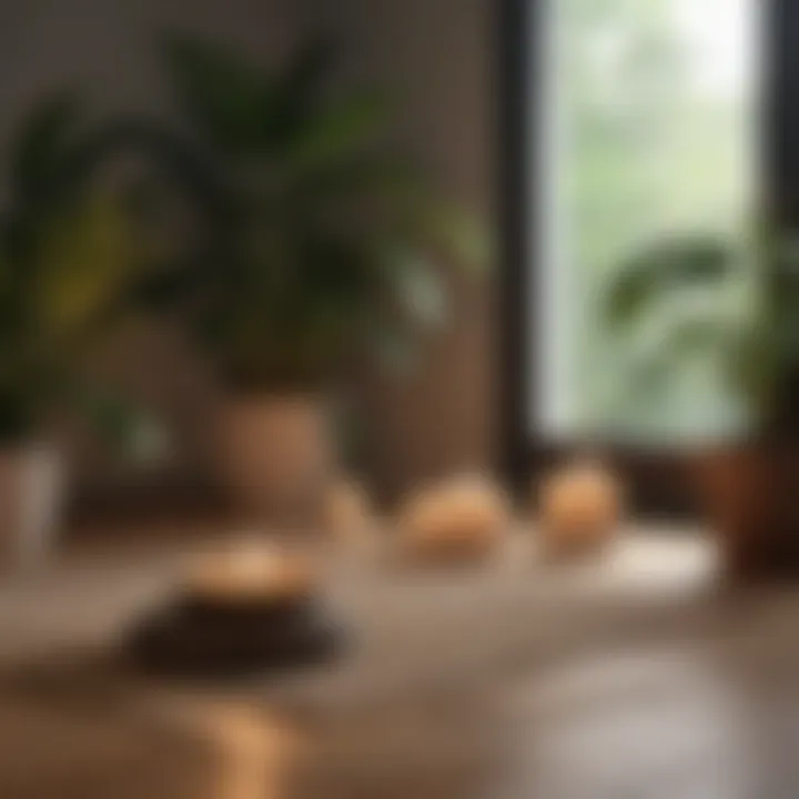 Close-up of a meditation space with candles, a yoga mat, and plants creating a peaceful ambiance