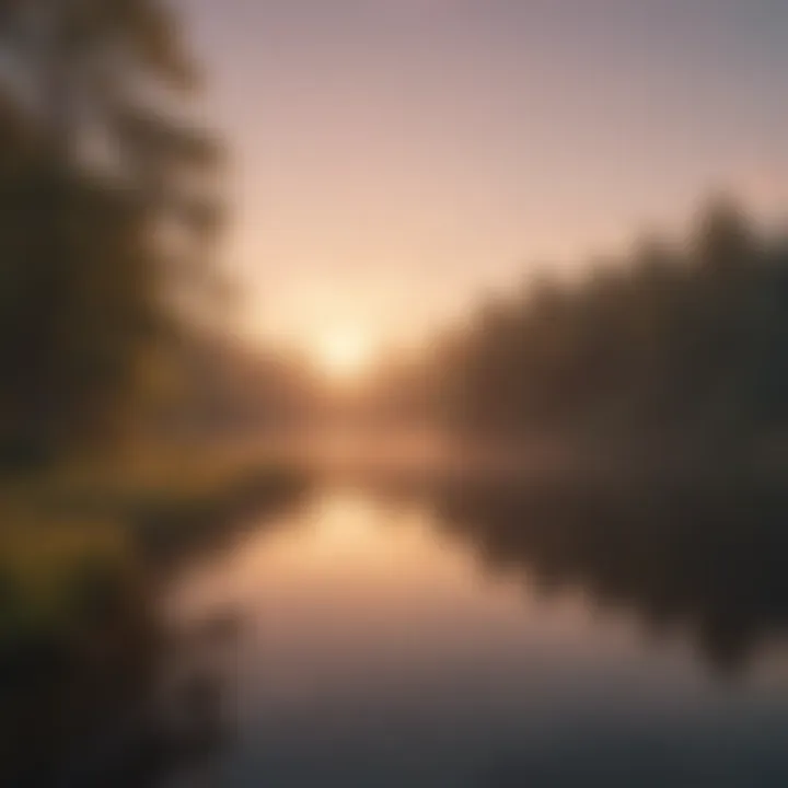 A tranquil morning scene with a sunrise over a calm lake reflecting the colors of dawn