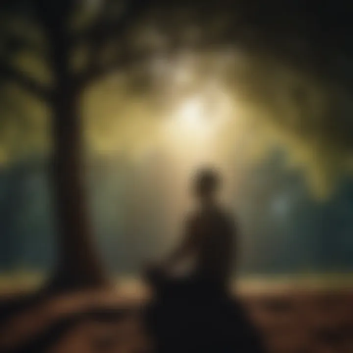 Silhouette of person meditating under a tree in serene nature setting