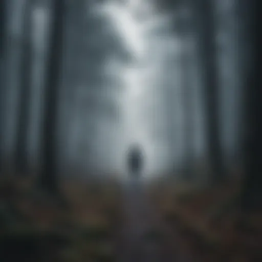 Melancholic silhouette in foggy forest