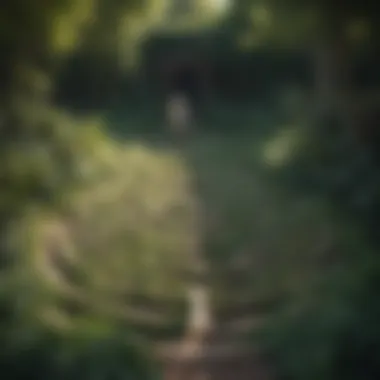 Mindful person walking labyrinth in a garden