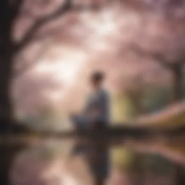 Mindful Reflection - Illustration capturing a person meditating under a blossoming cherry blossom tree