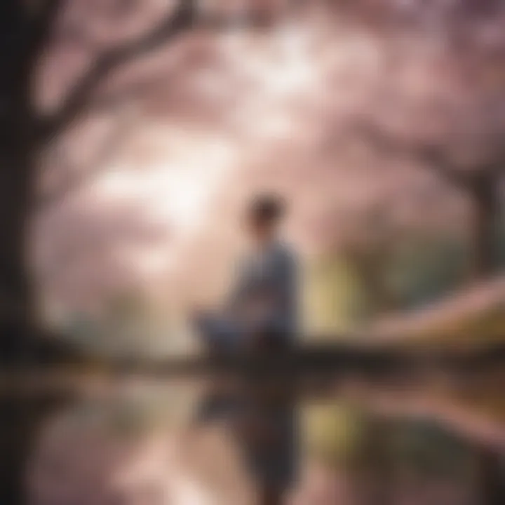 Mindful Reflection - Illustration capturing a person meditating under a blossoming cherry blossom tree