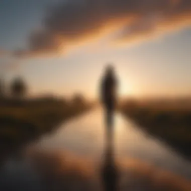 Silhouette of a person walking mindfully at sunrise