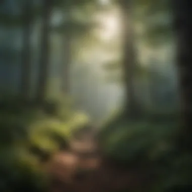 Enchanted Tranquility Misty forest clearing with soft sunlight filtering through the trees