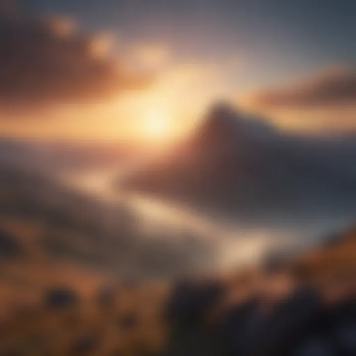 Artistic representation of a sunrise over misty mountains