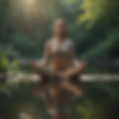 A person in lotus position meditating by a tranquil lake