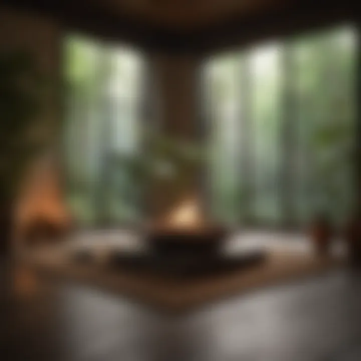 A peaceful meditation room with soft lighting and plants