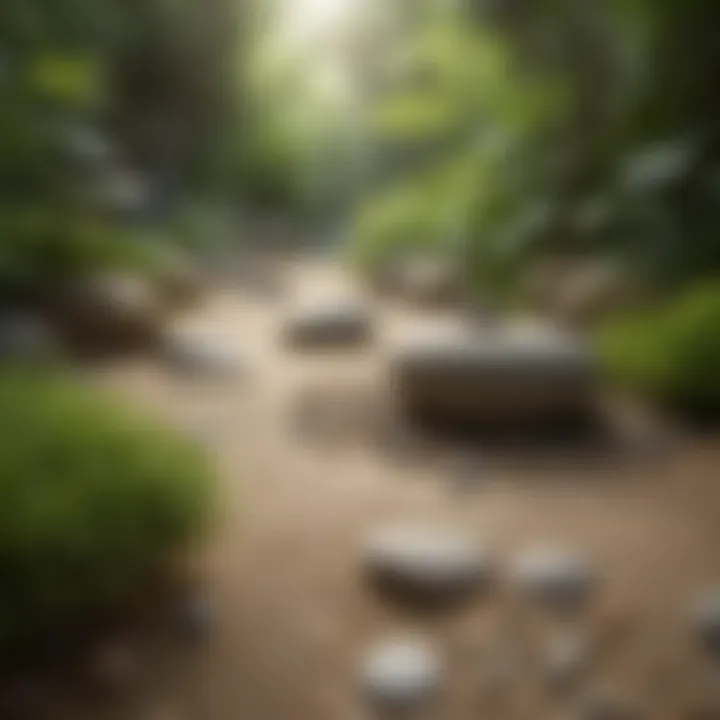 Zen garden with lush greenery and pebble path