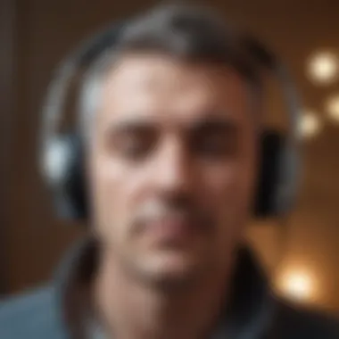 Close-up of a person immersed in listening to music with headphones