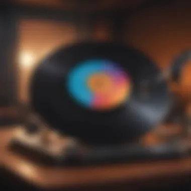 Close-up of a vinyl record spinning, reflecting a nostalgic vibe