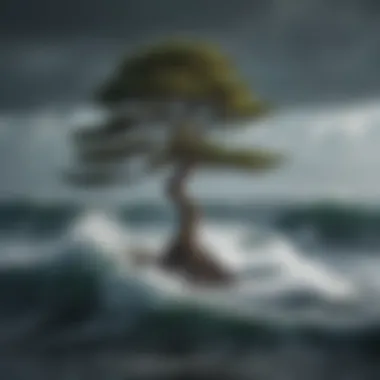 A lone tree standing resilient amidst a stormy sea, symbolizing strength and perseverance