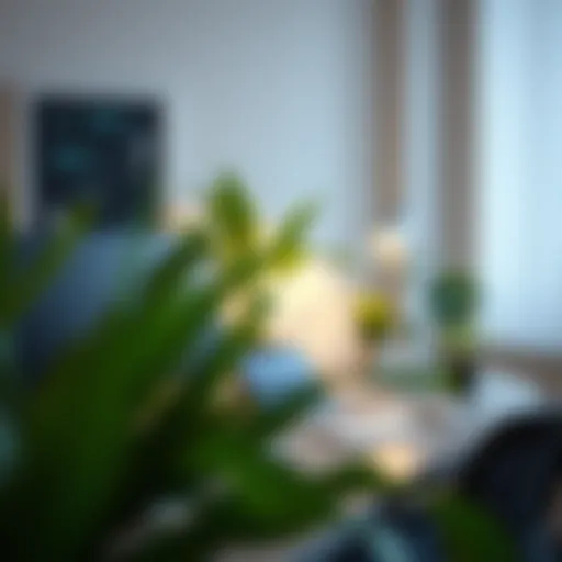 A serene workspace featuring plants and soft lighting