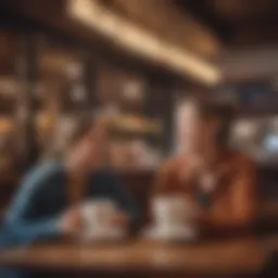 Two friends laughing together in a cozy café setting.