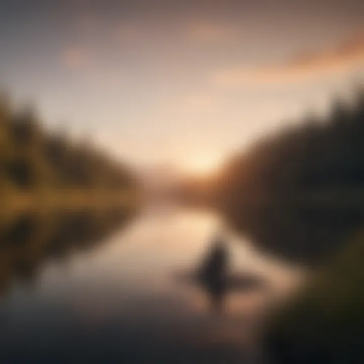 A person meditating by a calm lake at sunset conveying mindfulness