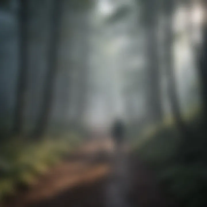 Person walking through a foggy forest path with light breaking through the mist