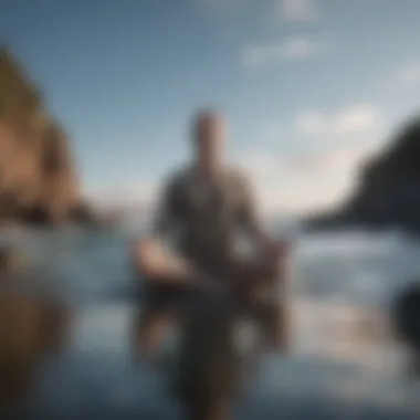 A mindfulness practitioner in a meditative pose against a calm backdrop