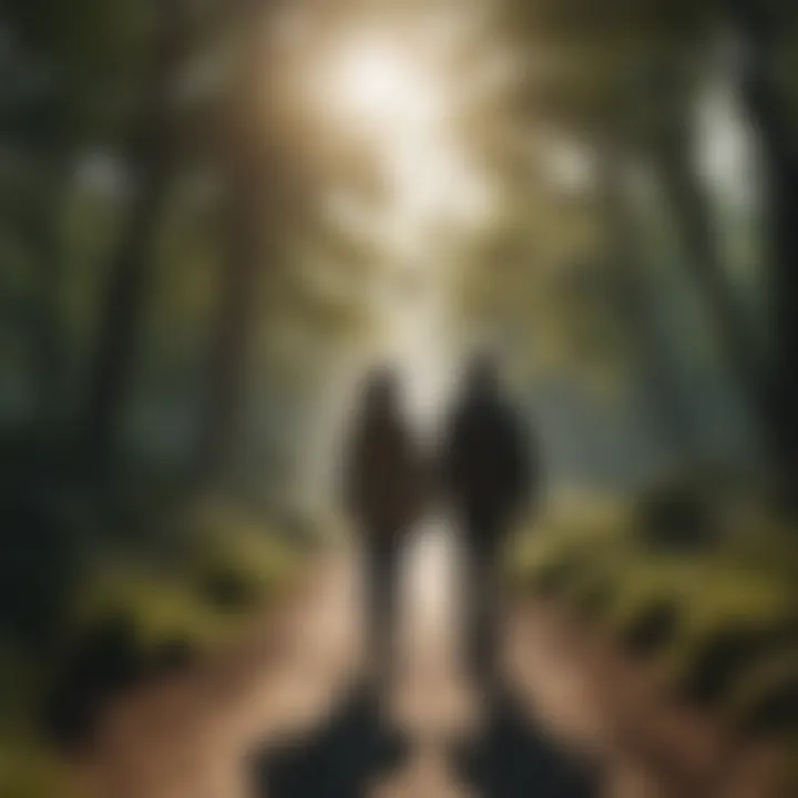 Silhouette of a couple walking on a path surrounded by nature