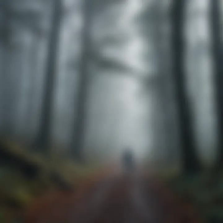 A person walking alone in a foggy forest