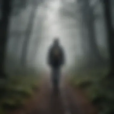 Person walking through foggy forest