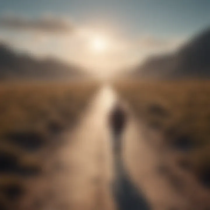 Representation of overcoming isolation with a person walking towards a bright horizon