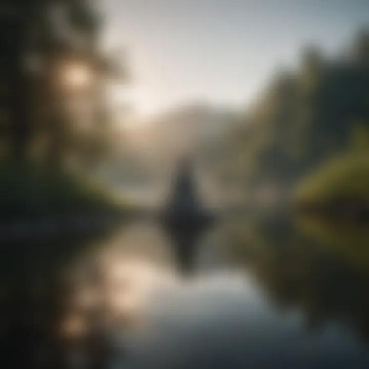 A person meditating peacefully by a tranquil lake, reflecting inner peace and mindfulness