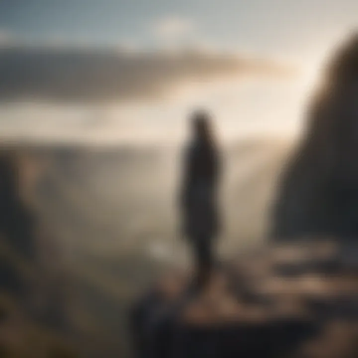 A woman standing confidently at the edge of a cliff overlooking a vast landscape