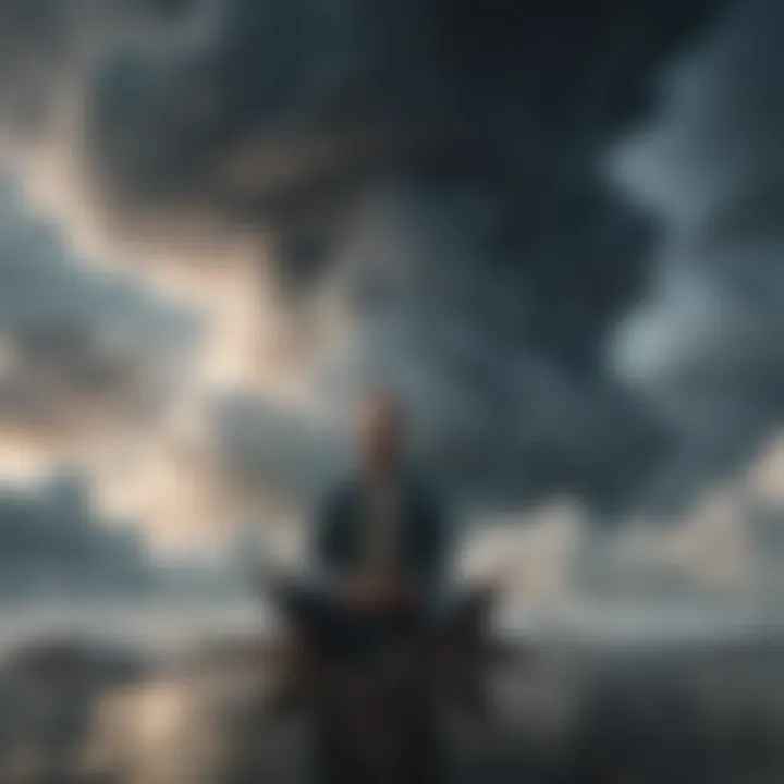 Illustration of a person meditating amidst a storm of negative clouds transforming into positive ones