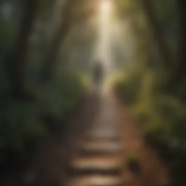 Artistic visualization of self-discovery journey with a winding path and glowing light at the end