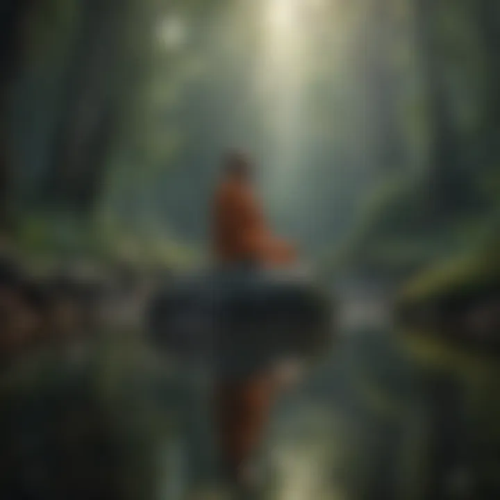 A tranquil scene with a meditative figure, emphasizing mindfulness.