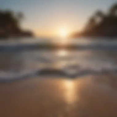 Illustration of a peaceful beach at dusk with gentle waves and a setting sun