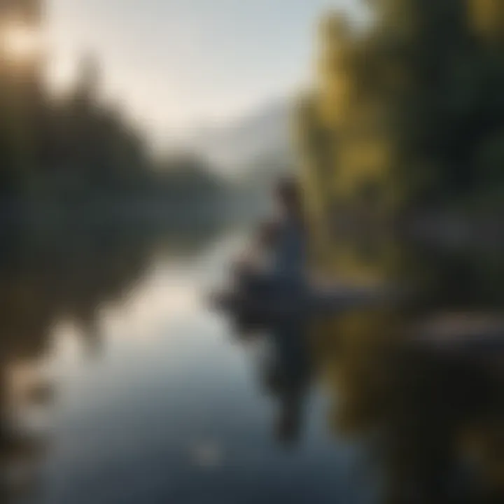 Person meditating by serene lake