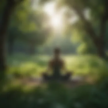 A person meditating in a lush green park surrounded by nature.