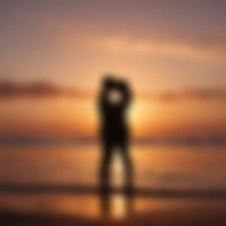 Dreamy sunset silhouette embracing couple