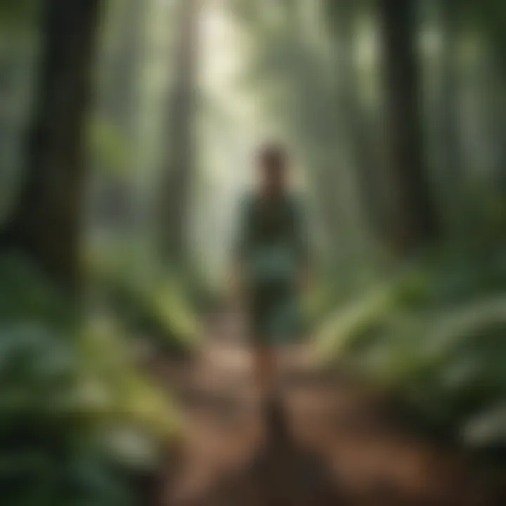 Woman walking through lush green forest