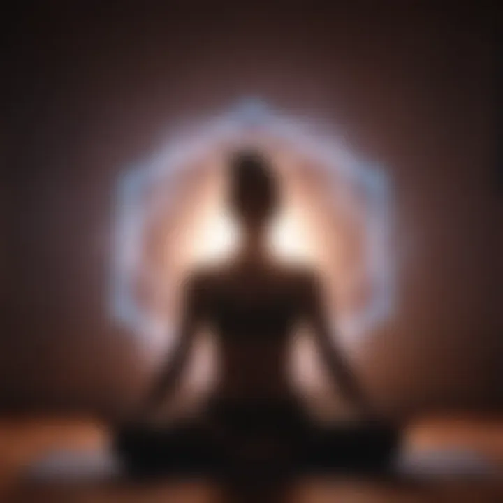 Silhouette of a person in a yoga posture with glowing aura symbolizing inner peace