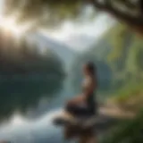 Woman practicing mindful meditation by serene lake