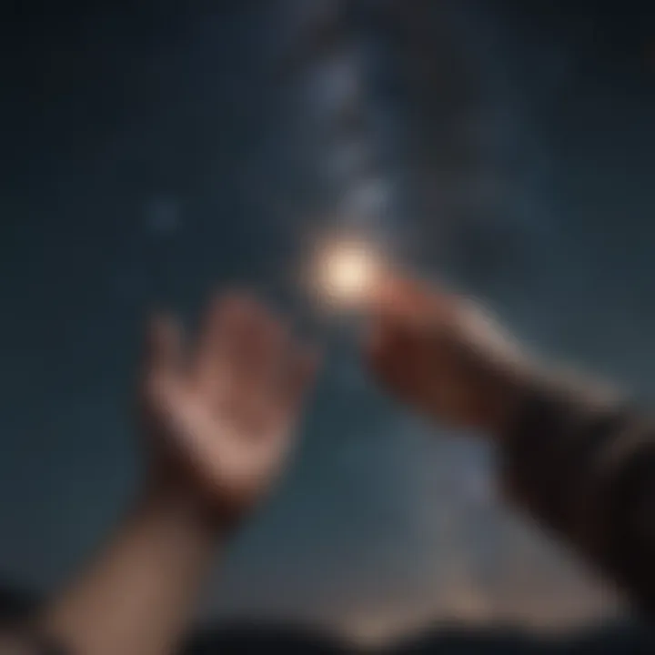 Illustration portraying a person reaching out to another with a helping hand against a backdrop of stars