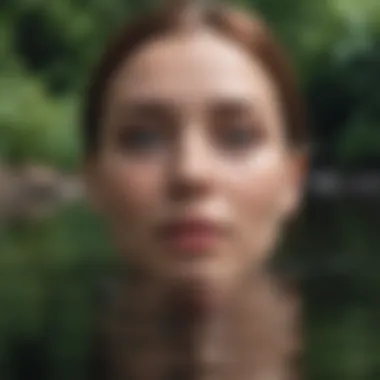 A person gazing at their reflection in a calm water body