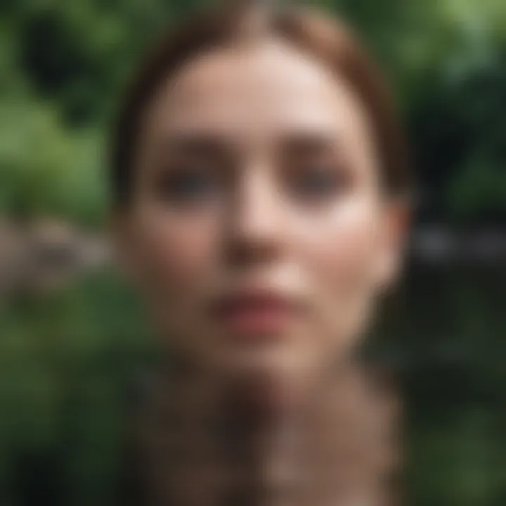 A person gazing at their reflection in a calm water body